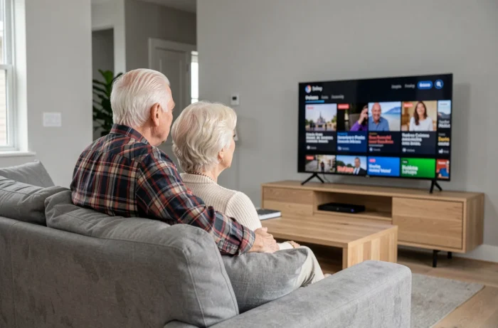 Couple de seniors regardant ensemble une plateforme de streaming sur leur télévision dans un salon moderne