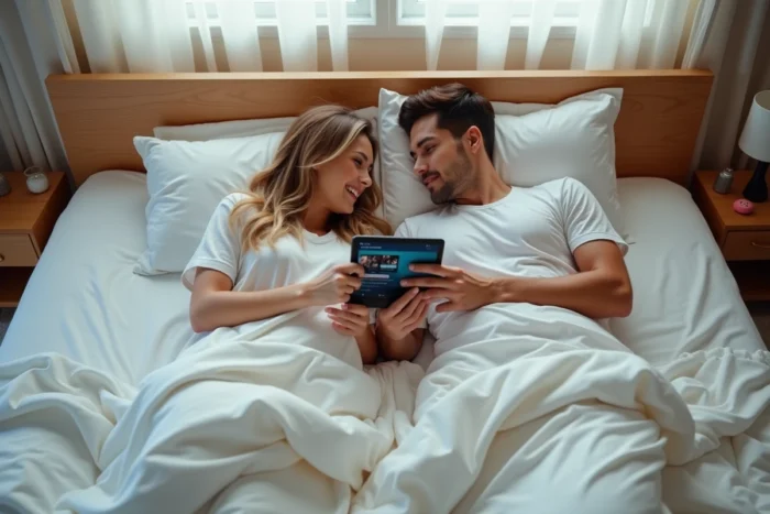 Couple regardant un film en streaming légal sur une tablette dans une chambre confortable et lumineuse