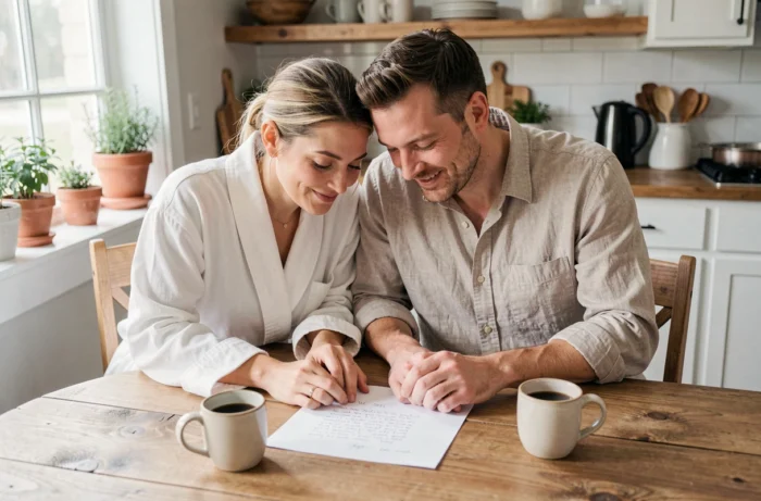 Couple lisant ensemble un texte d'amour manuscrit le matin de leur mariage dans une cuisine chaleureuse