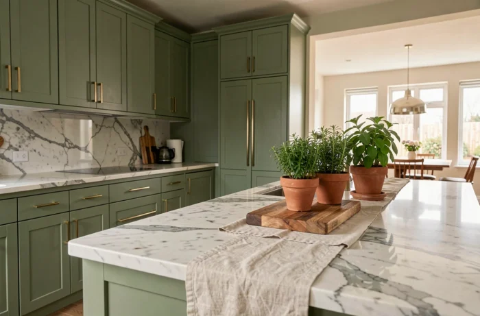 Cuisine moderne rénovée avec armoires vert sauge, îlot en marbre et accessoires en laiton brossé