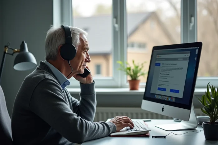 Homme âgé contactant le support client pour débloquer son compte en ligne depuis son bureau