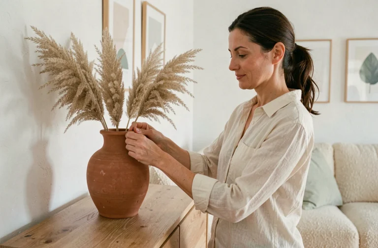 Femme arrangeant des herbes de pampa dans un vase en terracotta sur un meuble en chêne dans un salon scandinave épuré