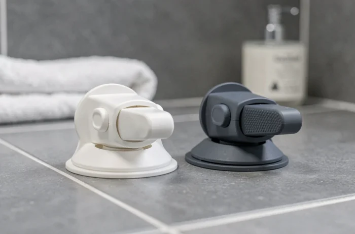 Gros plan sur deux barres d'appui ventouse de couleurs différentes fixées sur un carrelage gris de douche