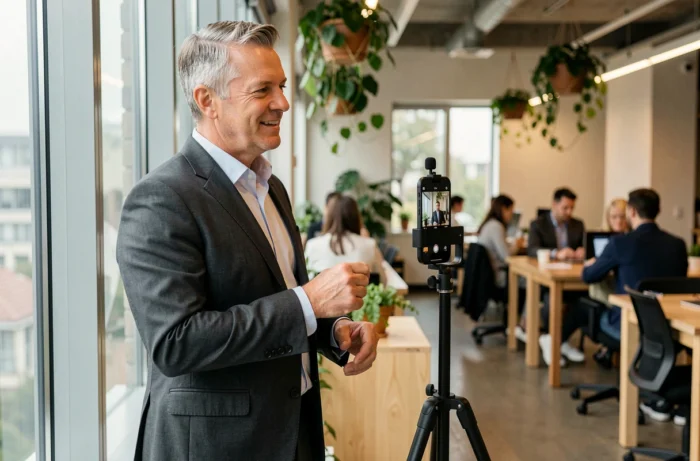 Dirigeant enregistrant un message vidéo pour la communication externe digitale