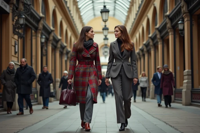 Deux femmes en tenue chic britannique marchant sous une arcade victorienne, mode anglaise intemporelle et raffinée
