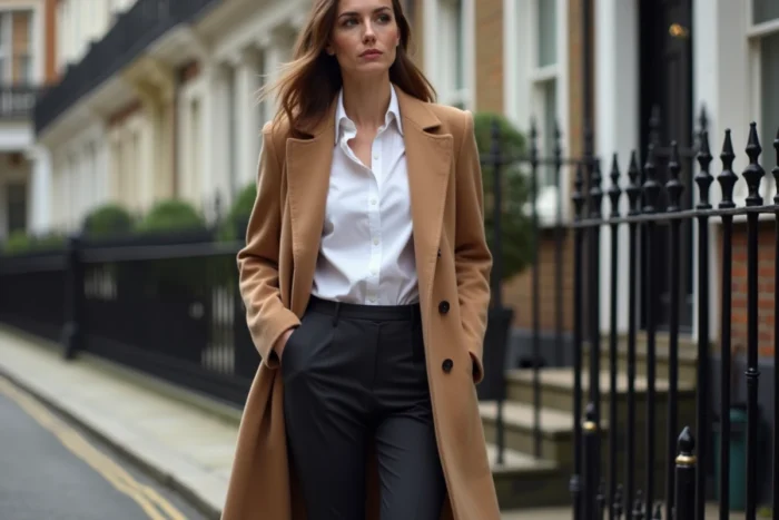 Femme élégante en manteau camel et Chelsea boots dans une rue pavée londonienne, style britannique intemporel