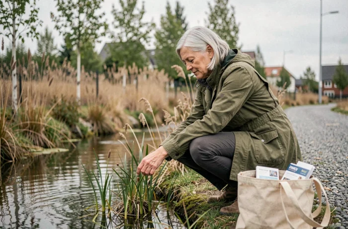 Femme engagée en écologie observant la végétation au bord d'un ruisseau dans une réserve naturelle urbaine