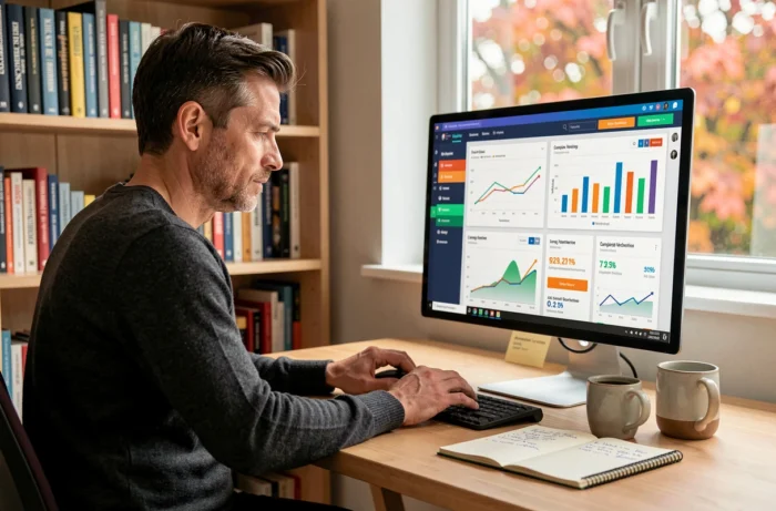 Entrepreneur analysant des tableaux de bord marketing numériques sur un grand écran dans un bureau à domicile moderne