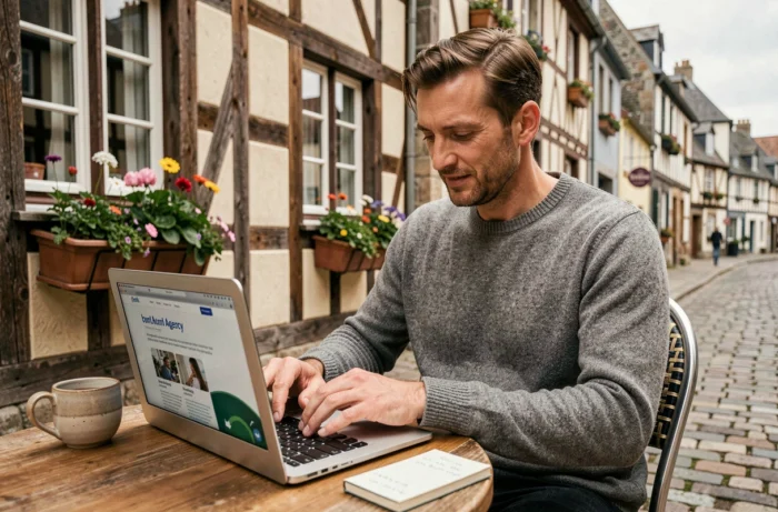 Chef d'entreprise breton consultant le portfolio d'une agence web locale sur un ordinateur portable en terrasse d'un café historique