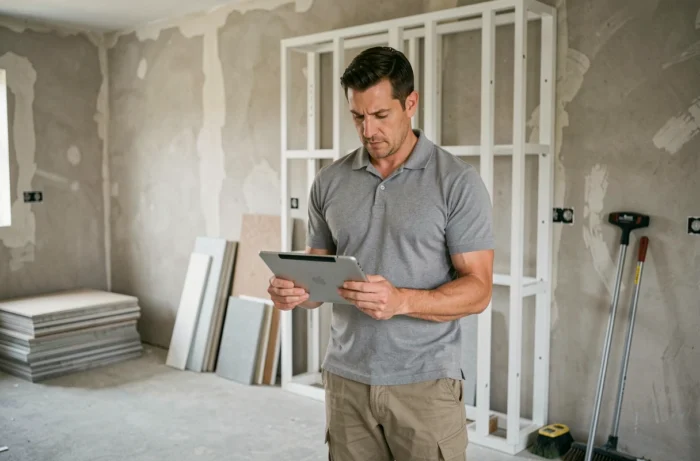 Entrepreneur en bâtiment consultant des plans sur tablette dans une cuisine en cours de rénovation