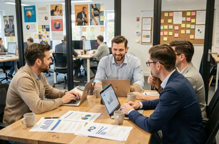 Équipe d'une agence web en Bretagne en réunion de stratégie digitale autour d'une table avec ordinateurs et rapports d'analyse