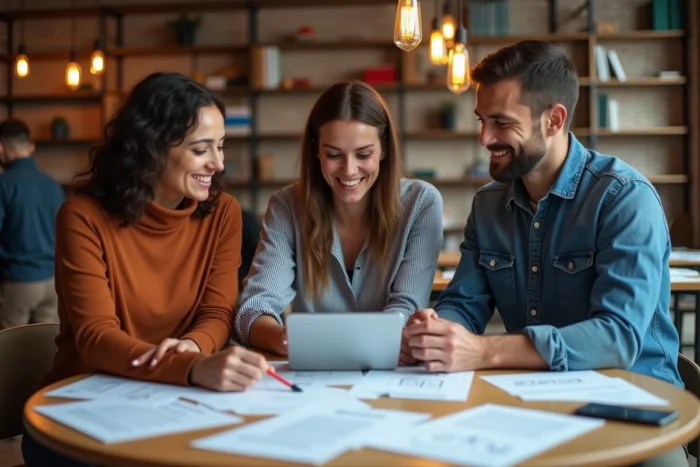 Équipe créative collaborant sur des maquettes de services digitaux sur-mesure dans un espace de coworking