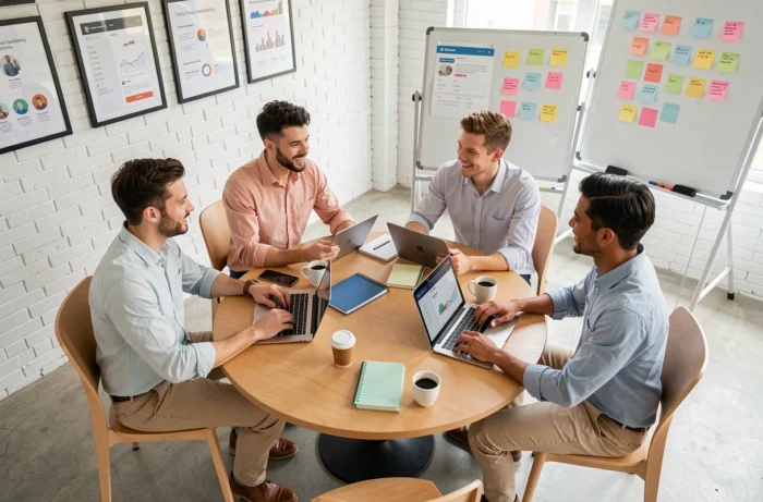 Équipe marketing digitale collaborant sur des outils de communication en ligne