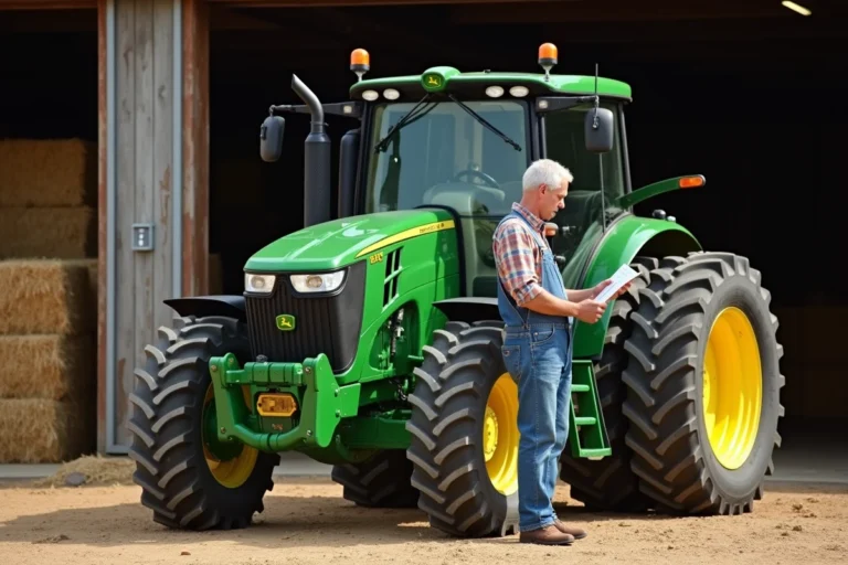 Agriculteur examinant le prix d'un tracteur agricole neuf devant une grange