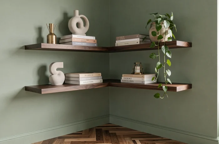 Étagère en noyer foncé décorée de céramiques et de plantes sur un mur vert sauge dans un appartement contemporain