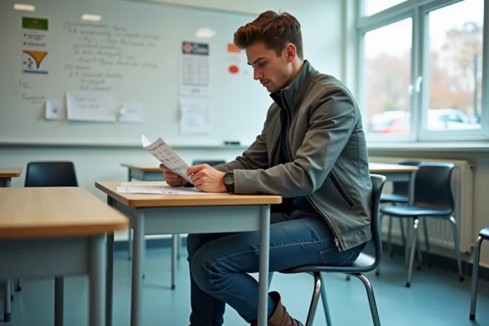 Un jeune homme en veste de moto étudie le code de la route dans une salle de cours d'auto-école pour préparer sa formation 125cc avec le permis B
