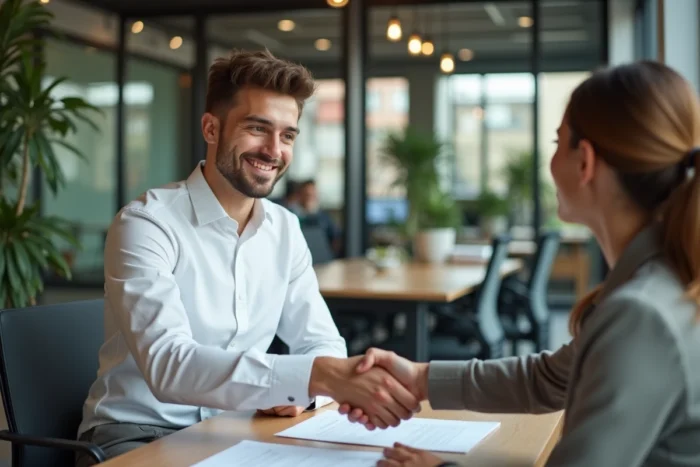 Jeune étudiant en entretien d'embauche pour un emploi étudiant dans un espace de coworking moderne