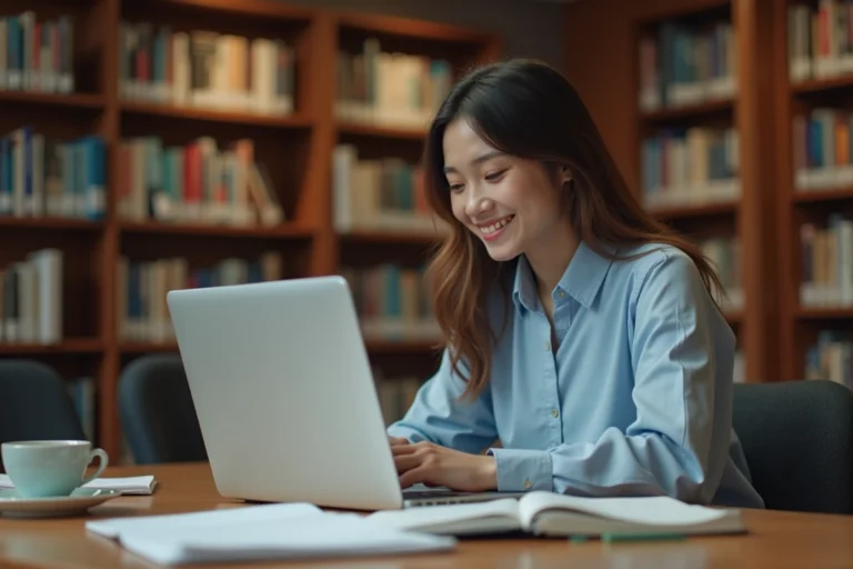Étudiante recherchant un emploi étudiant sur son ordinateur portable dans une bibliothèque universitaire