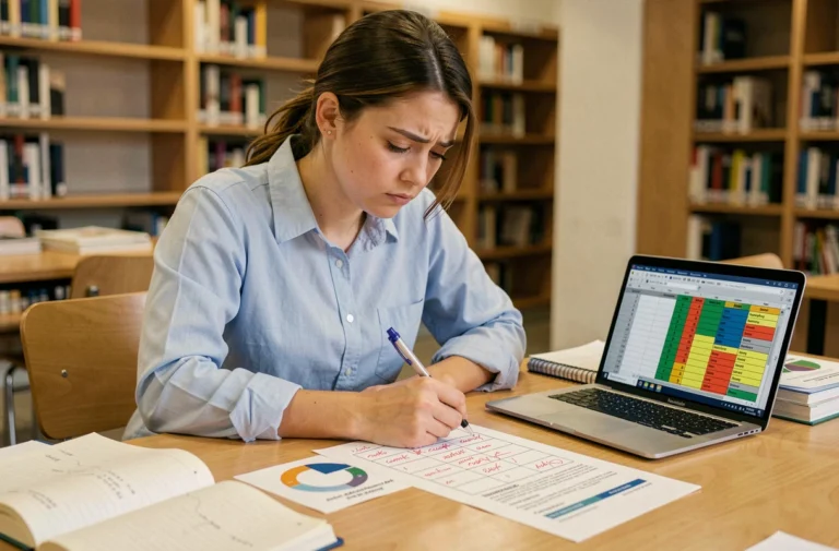 Étudiante STMG corrigeant les erreurs dans un tableau de caractérisation sur son bureau universitaire
