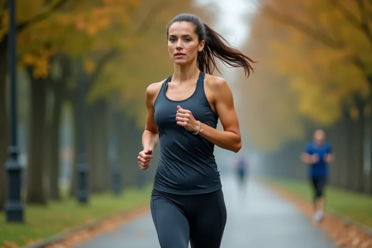Femme courant sur un sentier urbain lors d'un entraînement aérobie en endurance