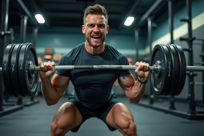 Athlète masculin effectuant un squat lourd en salle représentant un effort anaérobie intense