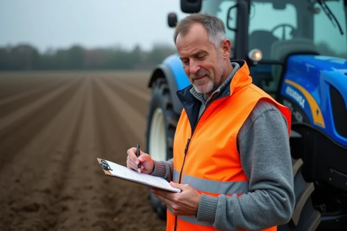 Expert évaluateur remplissant une fiche d'estimation du prix d'un tracteur neuf dans un champ