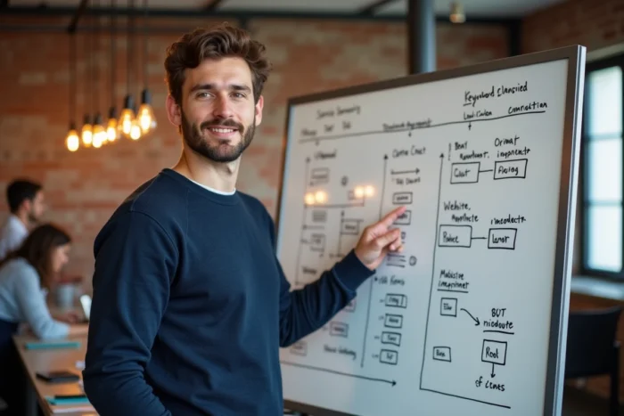 Expert SEO présentant une stratégie de référencement naturel devant un tableau blanc en agence