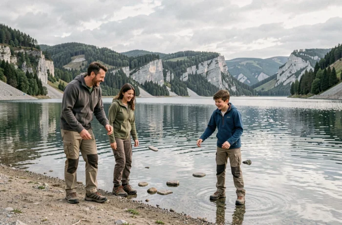 Famille faisant des ricochets sur un lac du Vercors avec paysage de falaises et forêts en arrière-plan