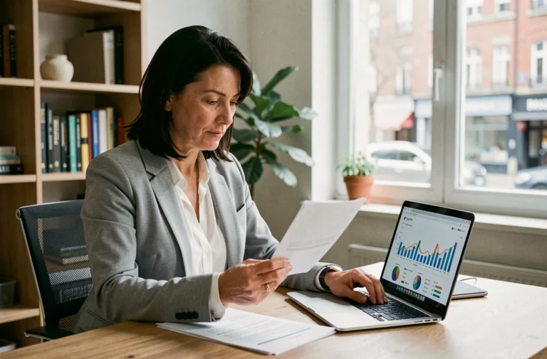 Femme de 40 ans qui consulte ses documents d'épargne et graphiques financiers sur un bureau à domicile