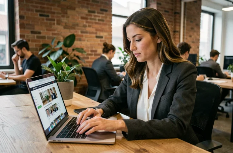 Femme professionnelle consultant l'actualité digitale sur un ordinateur portable dans un bureau moderne