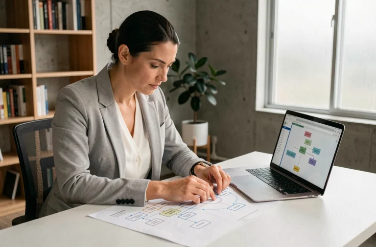 Femme professionnelle analysant un plan de site web imprimé sur son bureau avec un ordinateur portable ouvert