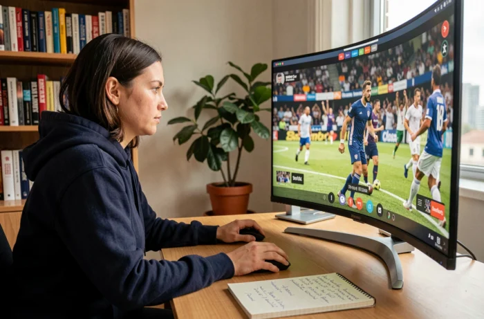 Femme analysant des actualités sportives en ligne depuis son bureau à domicile avec des notes manuscrites et un grand écran
