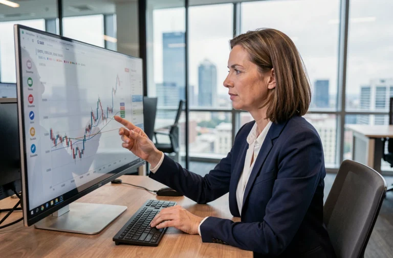Femme professionnelle analysant des graphiques de performance d'ETF sur un écran dans un bureau moderne