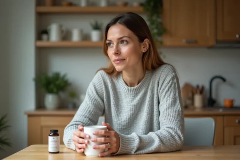 Femme évaluant le système Indiva avec un complément alimentaire posé sur une table de cuisine moderne