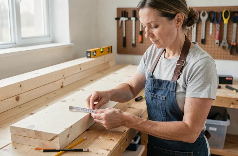 Femme adulte mesurant une planche en bois dans un atelier de bricolage à domicile lors d'un cours pratique d'aménagement intérieur