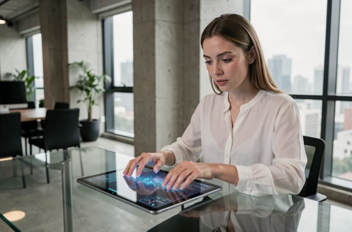 Femme professionnelle utilisant une tablette tactile dans un bureau technologique moderne aux tendances innovantes