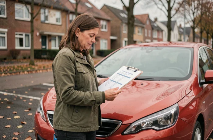 Femme préparant sa liste de vérification avant le contrôle technique de sa voiture en Belgique