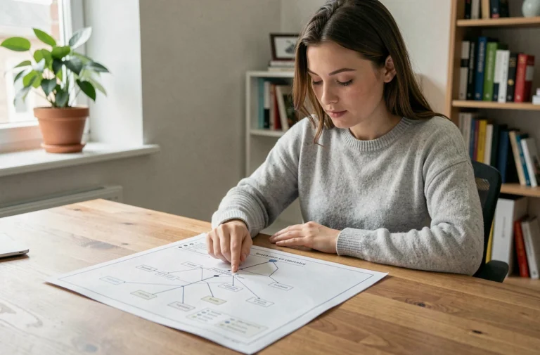Femme consultant un sitemap imprimé sur un bureau en bois dans un bureau à domicile moderne