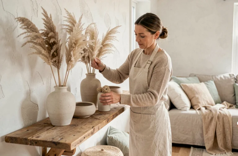 Femme arrangeant des vases et de l'herbe de pampa sur une étagère en bois dans un salon scandinave épuré