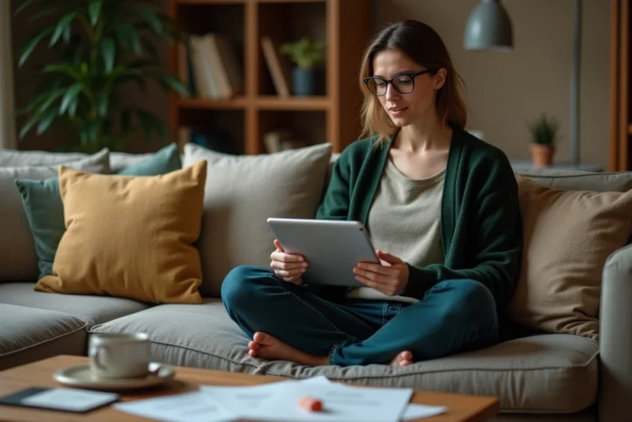 Femme suivant une formation en ligne pour préparer le concours de conseiller principal d'éducation depuis chez elle