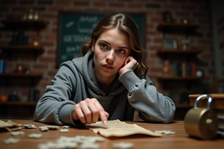 Jeune femme analysant des indices dans une salle d'escape game avec des notes manuscrites et un cadenas vintage sur une table en bois