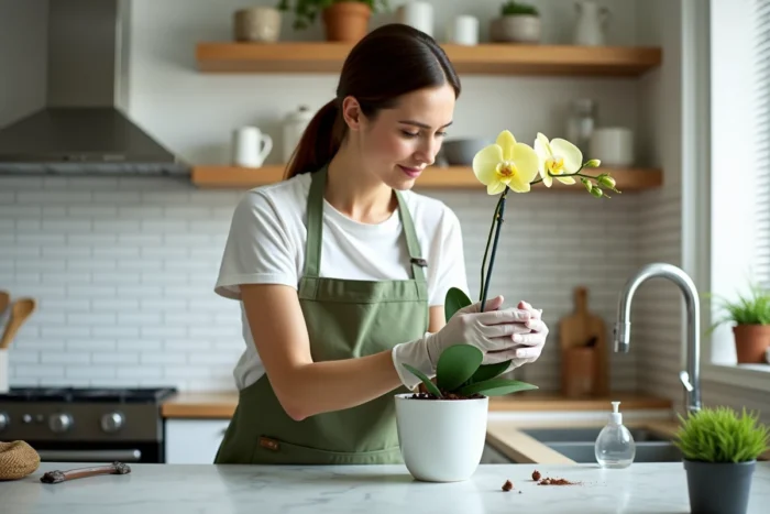Femme inspectant une tige d'orchidée jaunie dans une cuisine lumineuse, avec outils de jardinage et terreau pour orchidées posés sur le plan de travail