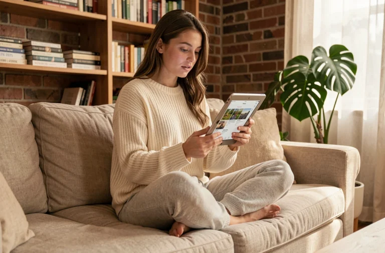 Jeune femme lisant des histoires fascinantes en ligne sur une tablette dans un salon cosy aux murs en briques