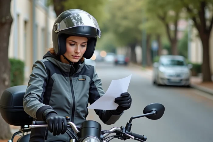 Une femme en équipement de moto consulte un document sur une 125cc dans une rue résidentielle dans le cadre de sa formation permis B 125