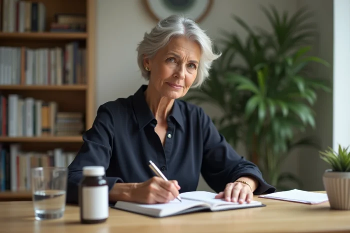 Femme prenant des notes sur son expérience avec Indiva System dans un bureau à domicile