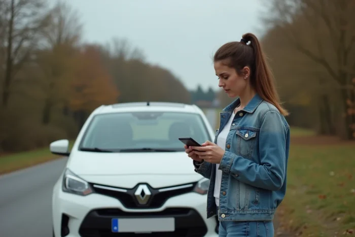 Femme en panne d'essence au bord d'une route de campagne à côté de sa Renault Twingo blanche
