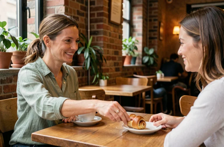 Femme partageant un gâteau avec une collègue dans un café cosy, illustrant le partage généreux au quotidien