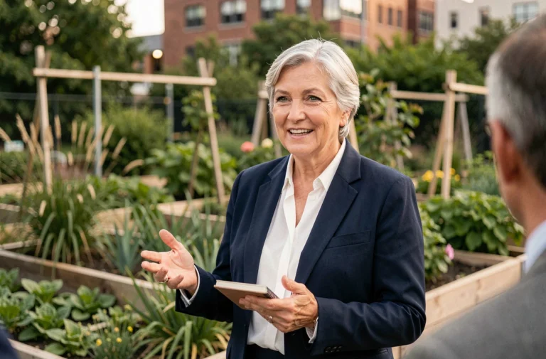 Femme politique engagée prenant la parole devant un jardin communautaire urbain, illustrant l'engagement citoyen et écologique