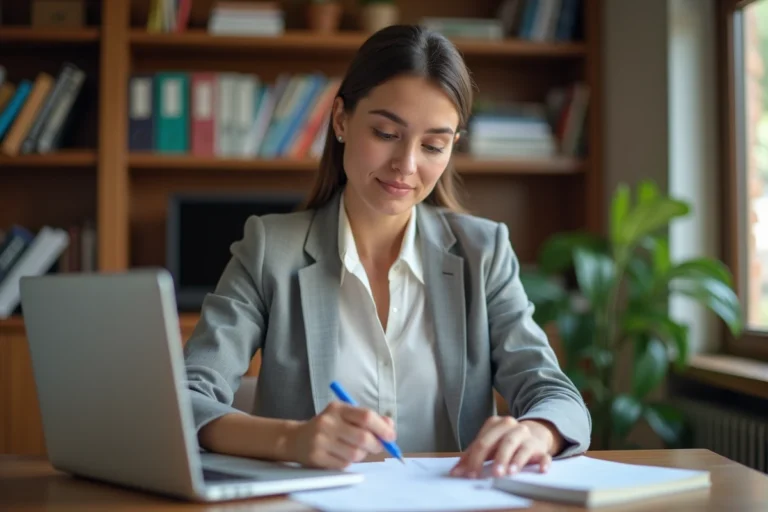 Femme étudiant des supports de formation pour préparer le concours de conseiller principal d'éducation à son bureau