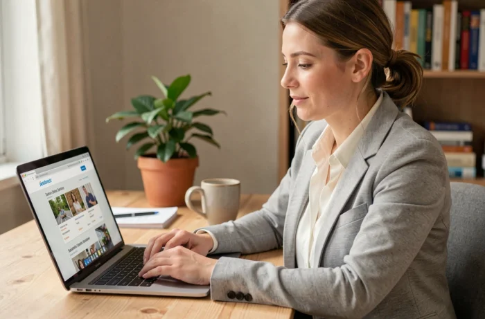 Femme consultant des offres d'emploi sur un ordinateur portable dans un bureau à domicile